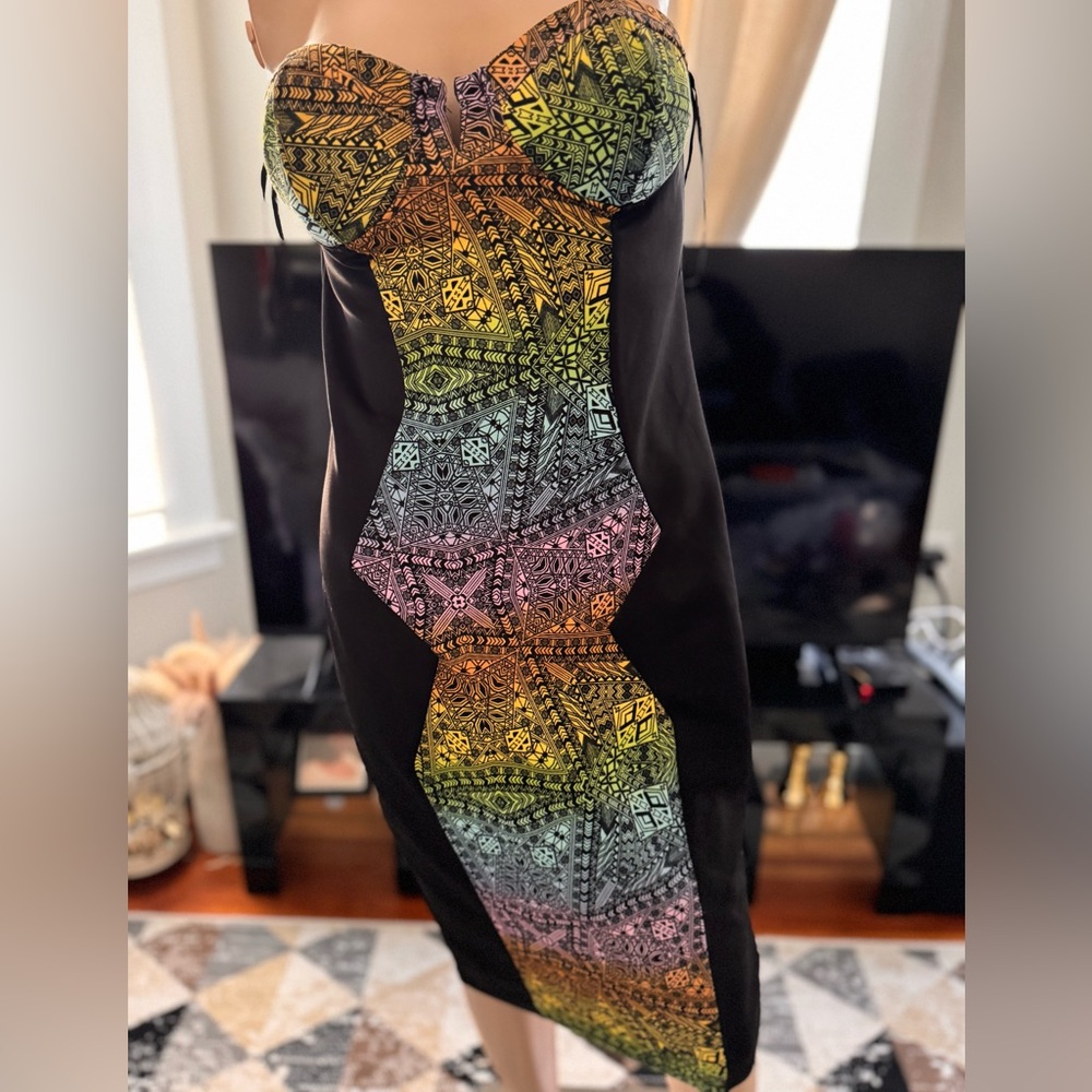 Strapless Black Dress with Colorful Geometric Pattern